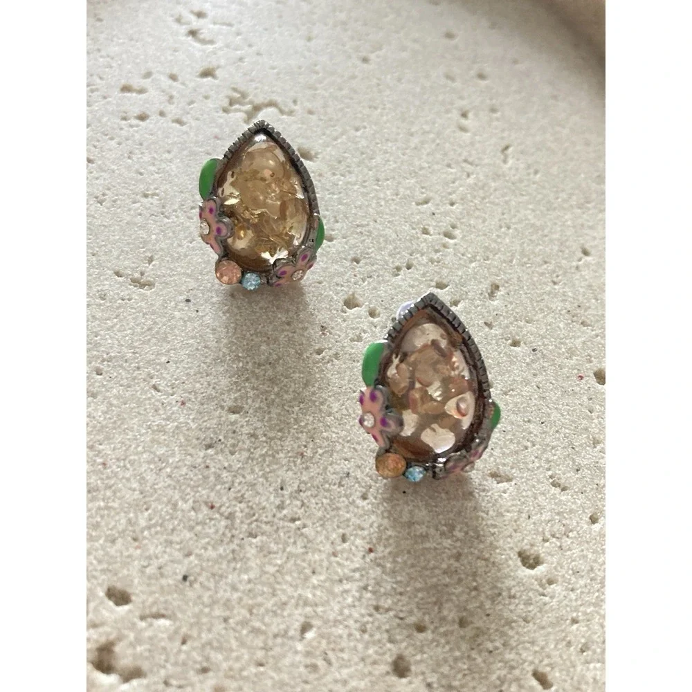 Whimsical Teardrop Rhinestone Enamel Floral Stud Earrings Champagne Stone‎